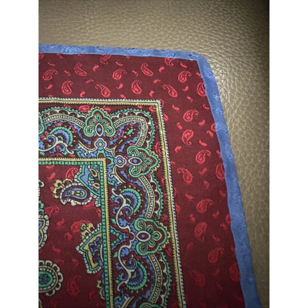 Vintage Silk Paisley Pocket Square Scarf Made in Italy Burgundy Blue Green 16x16